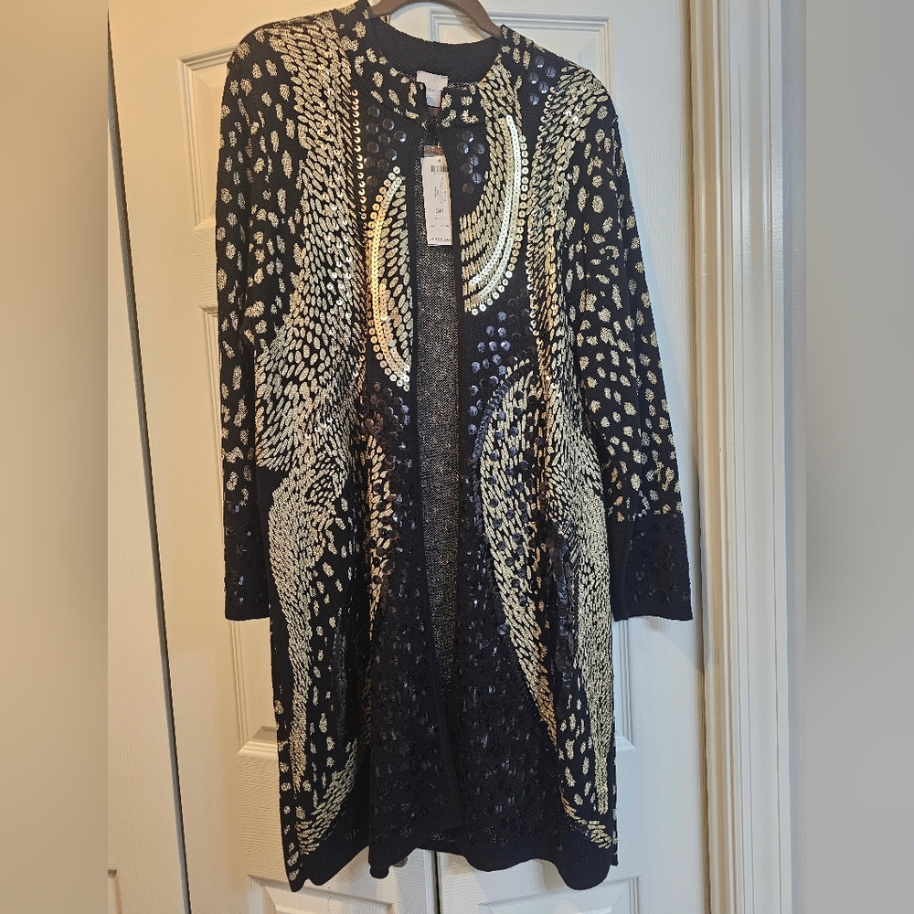 Chico's NWT Black and Gold Sequined Cartigan Chico's size 3 Petite or XL/16